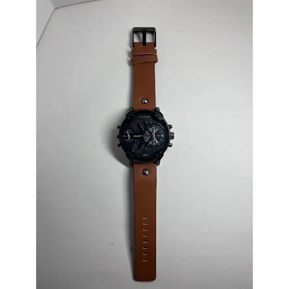 Cagarny Double Time Watch Quartz 6820 Tan Leather Band Water Res Military 52mm